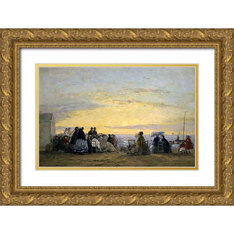 On the Beach, Sunset Gold Ornate Wood Framed Art Print with Double Matting by Boudin, Eugene