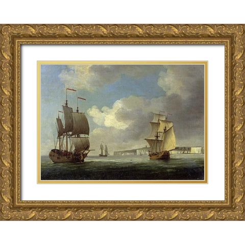 Shipping Off the South Coast of England Gold Ornate Wood Framed Art Print with Double Matting by Brooking, Charles