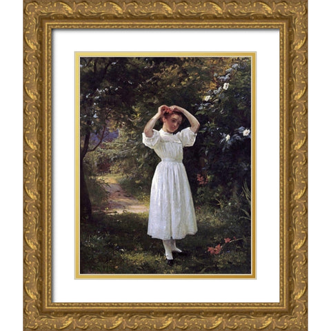 The Flower Girl Gold Ornate Wood Framed Art Print with Double Matting by Brown, John George