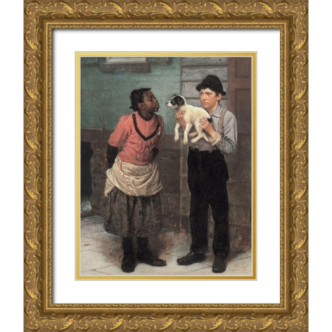 The New Puppy Gold Ornate Wood Framed Art Print with Double Matting by Brown, John George