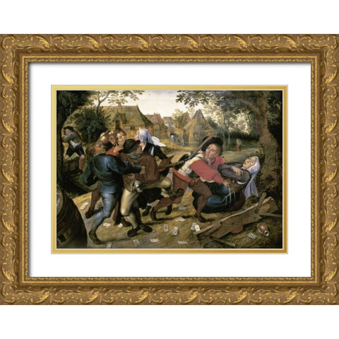 The Card-Players Gold Ornate Wood Framed Art Print with Double Matting by Bruegel, Pieter the Elder