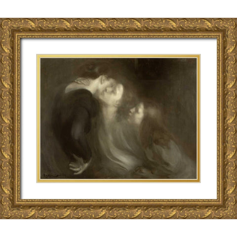 Mothers Kiss Gold Ornate Wood Framed Art Print with Double Matting by Carriere, Eugene