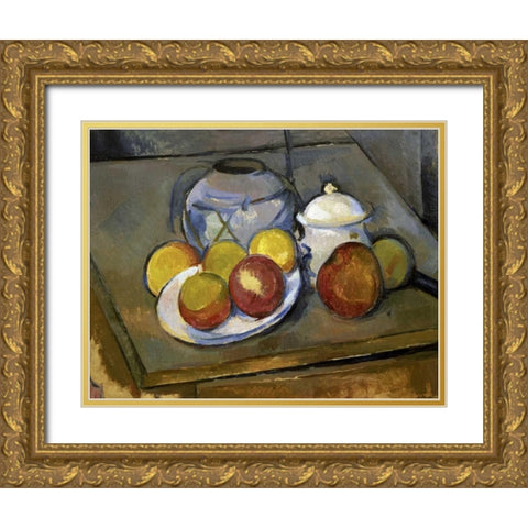 Flawed Vase, Sugar Bowl and Apples Gold Ornate Wood Framed Art Print with Double Matting by Cezanne, Paul