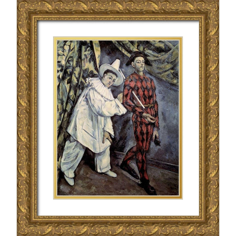 Pierrot and Harlequin (Mardi Gras), 1888 Gold Ornate Wood Framed Art Print with Double Matting by Cezanne, Paul