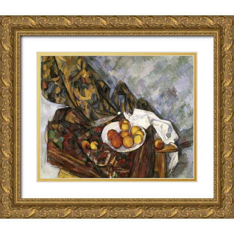 Still Life with Floral Curtain Gold Ornate Wood Framed Art Print with Double Matting by Cezanne, Paul