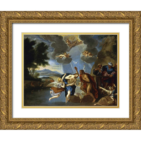 The Baptism of Christ Gold Ornate Wood Framed Art Print with Double Matting by Circle of Francesco Albani