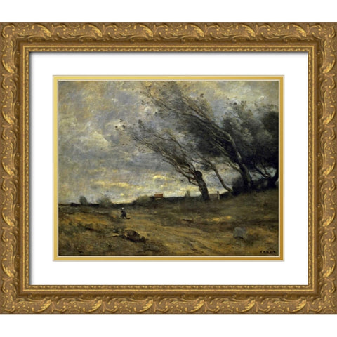 A Gust of Wind Gold Ornate Wood Framed Art Print with Double Matting by Corot, Jean-Baptiste-Camille
