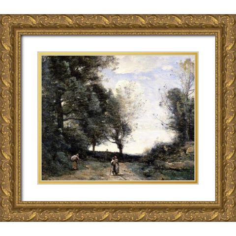 Along the Path Gold Ornate Wood Framed Art Print with Double Matting by Corot, Jean-Baptiste-Camille