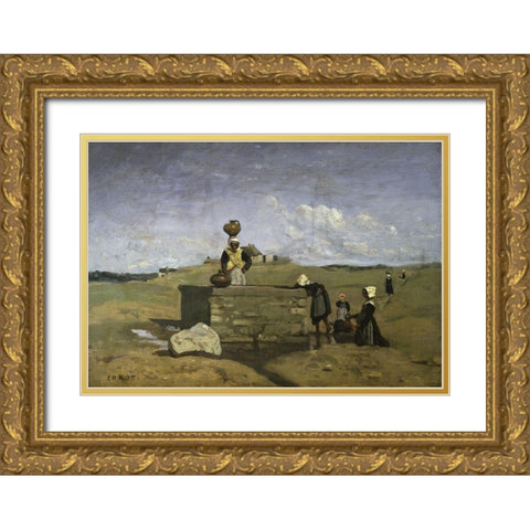 Bretons at the Well Gold Ornate Wood Framed Art Print with Double Matting by Corot, Jean-Baptiste-Camille
