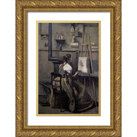 Corots Studio Gold Ornate Wood Framed Art Print with Double Matting by Corot, Jean-Baptiste-Camille