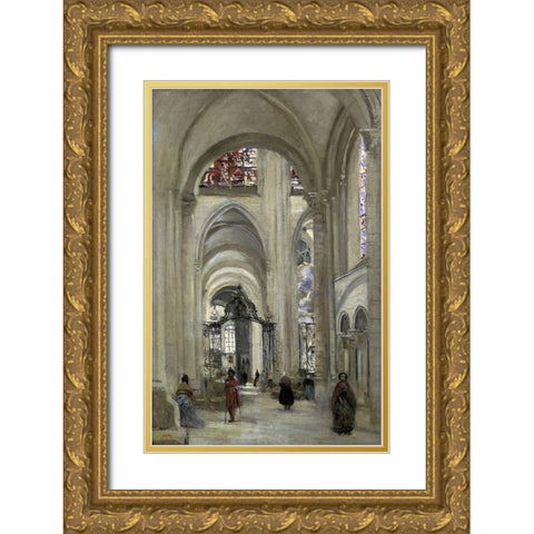Interior of the Sens Cathedral Gold Ornate Wood Framed Art Print with Double Matting by Corot, Jean-Baptiste-Camille