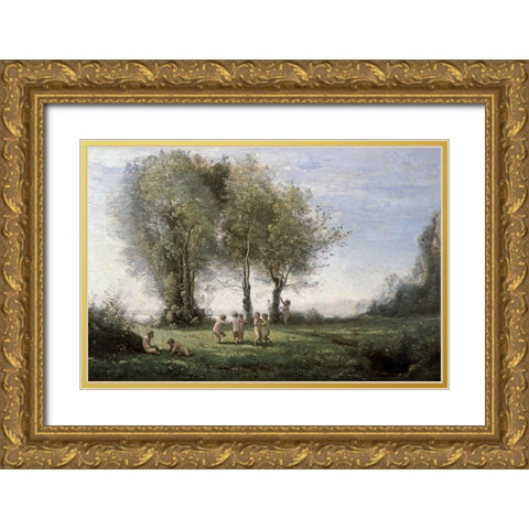 Ronde dAmours: Leher du Soleil Gold Ornate Wood Framed Art Print with Double Matting by Corot, Jean-Baptiste-Camille