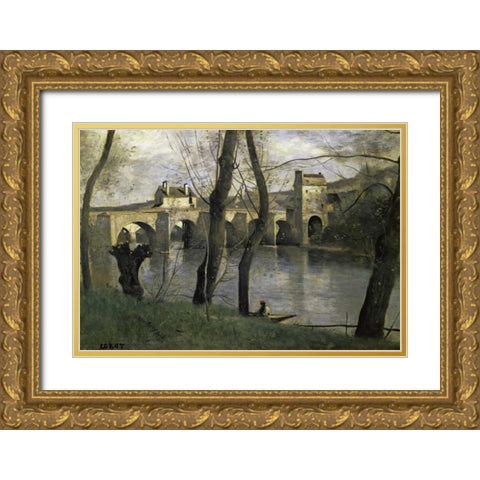 The Bridge of Nantes Gold Ornate Wood Framed Art Print with Double Matting by Corot, Jean-Baptiste-Camille