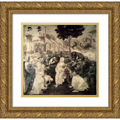 The Adoration of the Magi - underpainting Gold Ornate Wood Framed Art Print with Double Matting by Da Vinci, Leonardo