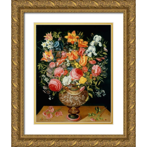 Roses Tulips Narcissi Irises and Other Flowers Gold Ornate Wood Framed Art Print with Double Matting by Daniels, Andries