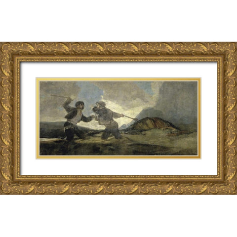 Fight with Cudgels Gold Ornate Wood Framed Art Print with Double Matting by De Goya, Francisco