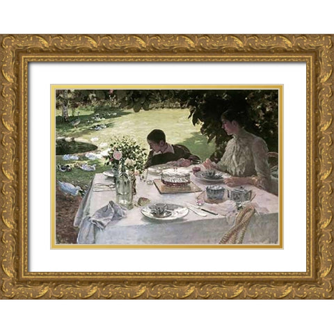 Lunch in the Garden Gold Ornate Wood Framed Art Print with Double Matting by De Nittis, Giuseppe