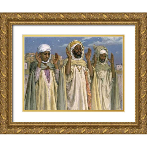 Prayer at Dawn Gold Ornate Wood Framed Art Print with Double Matting by Dinet, Etienne