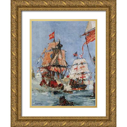 Armada Illustration Gold Ornate Wood Framed Art Print with Double Matting by Dixon, Charles