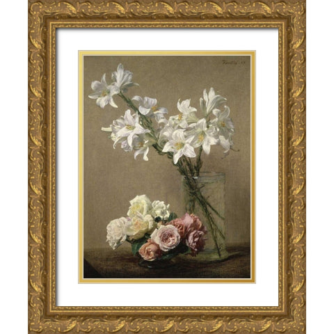 Lilies in a Vase Gold Ornate Wood Framed Art Print with Double Matting by Fantin-Latour, Henri