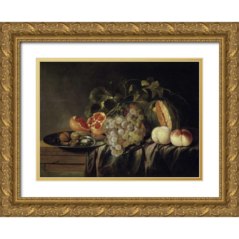 Still Life of a Melon on a Pewter Plate and Peaches Gold Ornate Wood Framed Art Print with Double Matting by Gerardi, Jasper