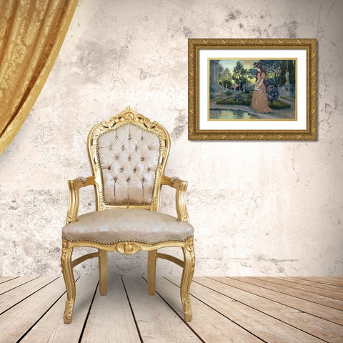 Young Lady in a Garden Gold Ornate Wood Framed Art Print with Double Matting by Grasset, Eugene Samuel