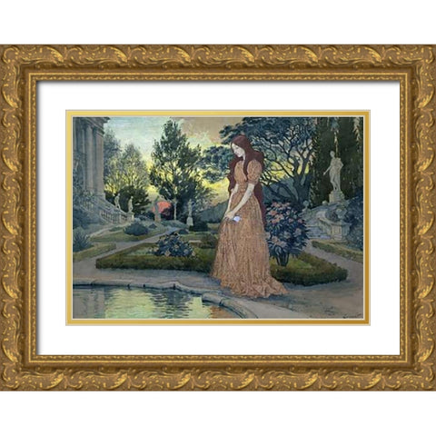 Young Lady in a Garden Gold Ornate Wood Framed Art Print with Double Matting by Grasset, Eugene Samuel