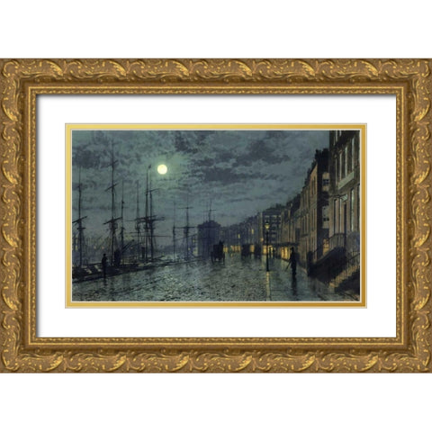 City Docks by Moonlight Gold Ornate Wood Framed Art Print with Double Matting by Grimshaw, John Atkinson