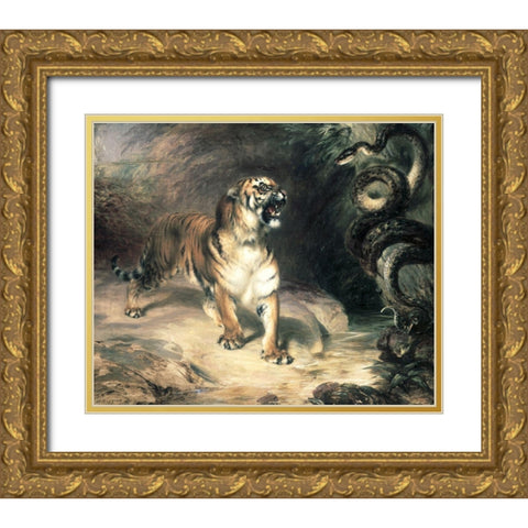 Tiger Confronting a Snake by a Stream Gold Ornate Wood Framed Art Print with Double Matting by Huggins, William