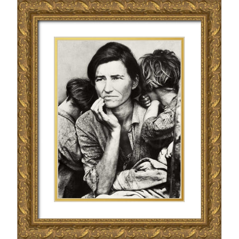Migrant Mother Gold Ornate Wood Framed Art Print with Double Matting by Lange, Dorothea