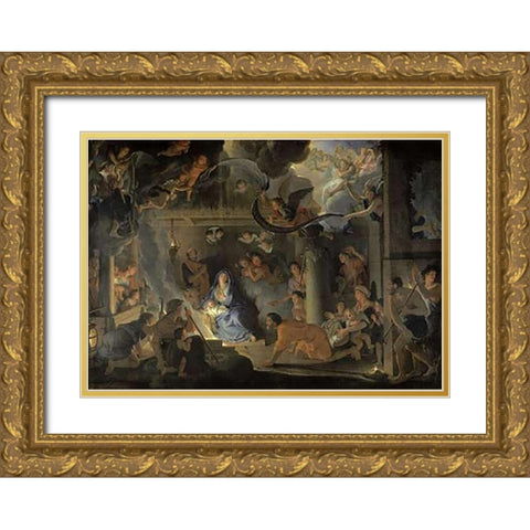 Adoration of the Shepherds Gold Ornate Wood Framed Art Print with Double Matting by Le Brun, Charles