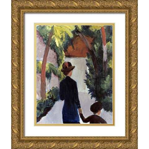 Mother and Child in the Park Gold Ornate Wood Framed Art Print with Double Matting by Macke, August