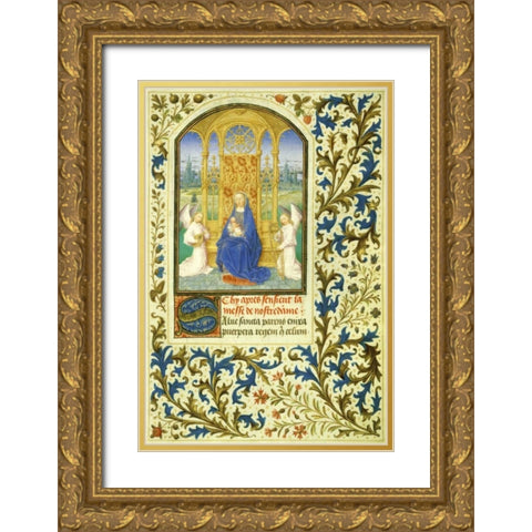 Virgin Enthroned between Angels: Book of Hours - Detail Gold Ornate Wood Framed Art Print with Double Matting by Marmion, Simon