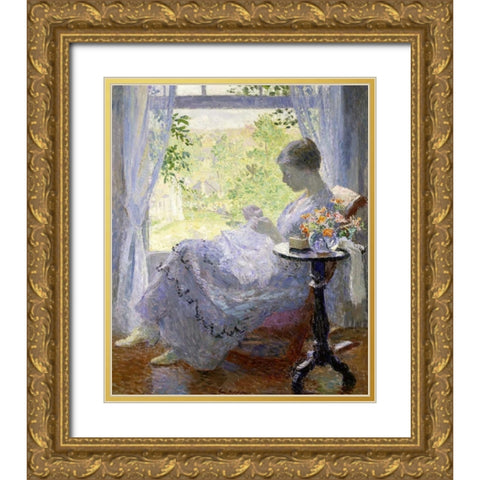 Young Woman Sewing Gold Ornate Wood Framed Art Print with Double Matting by Melchers, Gari