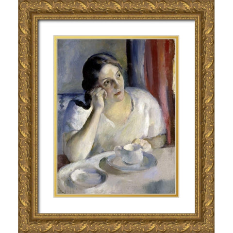 A Cup of Tea La Tasse de Th Gold Ornate Wood Framed Art Print with Double Matting by Ottman, Henri
