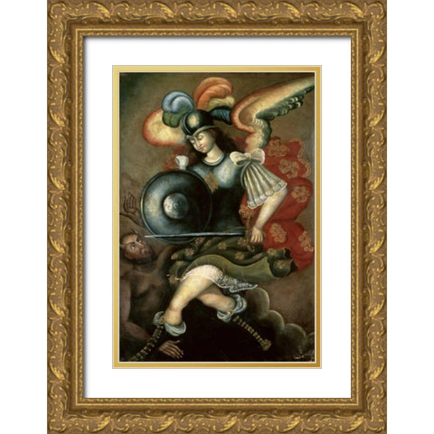 The Archangel Saint Michael Gold Ornate Wood Framed Art Print with Double Matting by Peruvian School