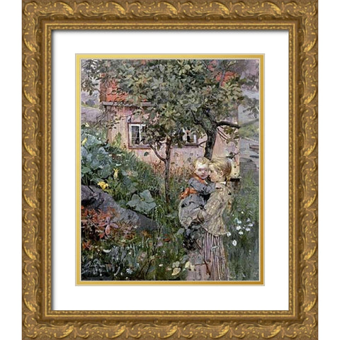 Two Sisters in a Garden Gold Ornate Wood Framed Art Print with Double Matting by Petersen, Eilif