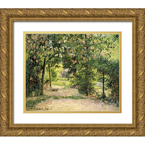 The Garden in Springtime at Eragny Gold Ornate Wood Framed Art Print with Double Matting by Pissarro, Camille