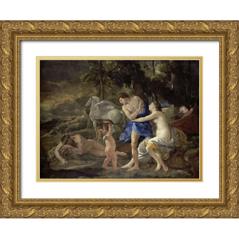 Cephalus and Aurora Gold Ornate Wood Framed Art Print with Double Matting by Poussin, Nicolas
