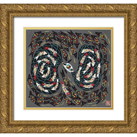 Harvesting Fish Gold Ornate Wood Framed Art Print with Double Matting by Rong, Zhang Shu