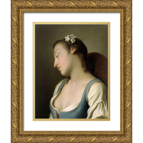 A Young Girl Asleep in a Chair Gold Ornate Wood Framed Art Print with Double Matting by Rotari, Pietro Antonio