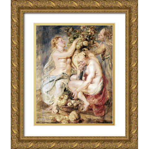 Ceres and Two Nymphs with a Cornucopia Gold Ornate Wood Framed Art Print with Double Matting by Rubens, Peter Paul