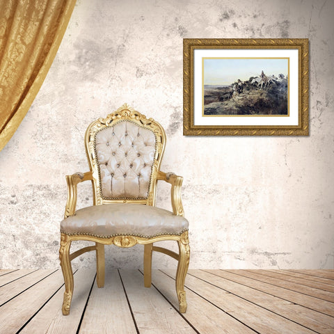 Return from Hunt Gold Ornate Wood Framed Art Print with Double Matting by Russell, Charles