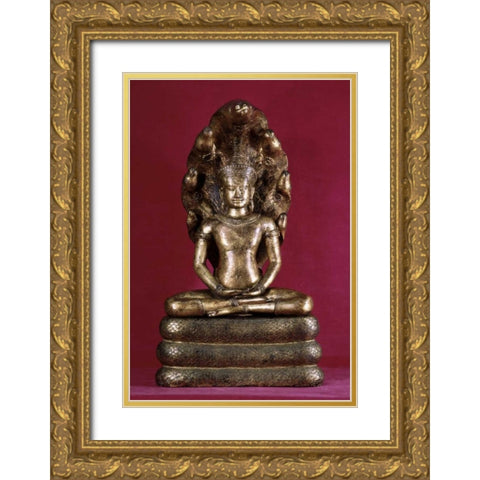 Buddha Sheltered by the Cobra - Style of Angkor Wat Gold Ornate Wood Framed Art Print with Double Matting by Unknown