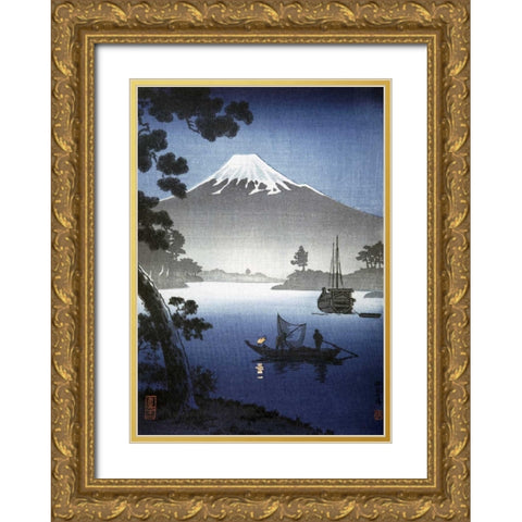 Japanese Print - Mount Fuji from Tagonoura By Shinsei Gold Ornate Wood Framed Art Print with Double Matting by Unknown