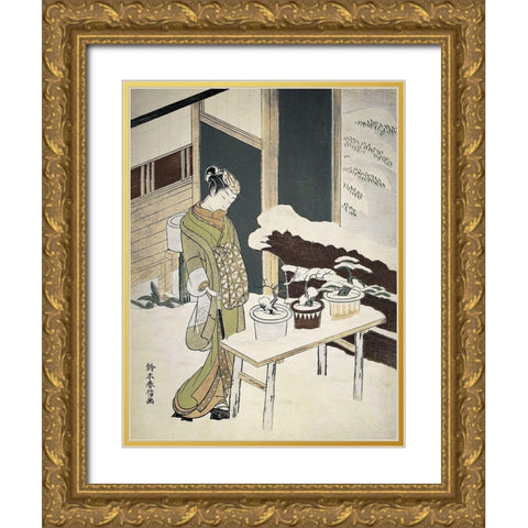 Woman Outside in Winter Gold Ornate Wood Framed Art Print with Double Matting by Unknown