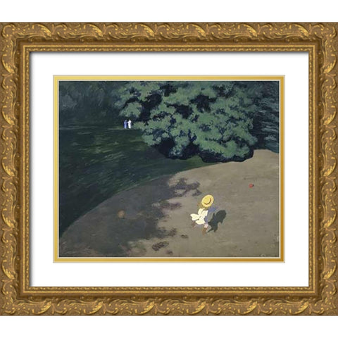 The Ball (Corner of the Park, Child Playing With Ball) Gold Ornate Wood Framed Art Print with Double Matting by Vallotton, Felix