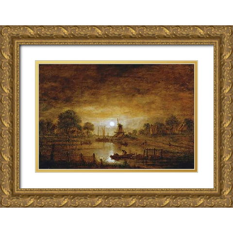 Title Unknown (Boats at Sunset with Windmill) Gold Ornate Wood Framed Art Print with Double Matting by Van Der Neer, Aert