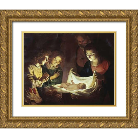 The Adoration Gold Ornate Wood Framed Art Print with Double Matting by Van Honthorst, Gerrit