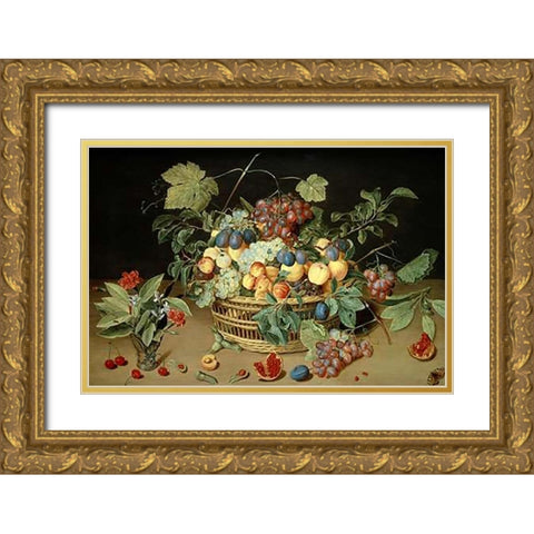 A Still Life of Fruit and Flowers in a Basket Gold Ornate Wood Framed Art Print with Double Matting by Van Hulsdonck, Jacob